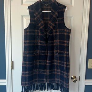 Tribal long Navy and Burnt Orange Sleeveless Vest with Fringe